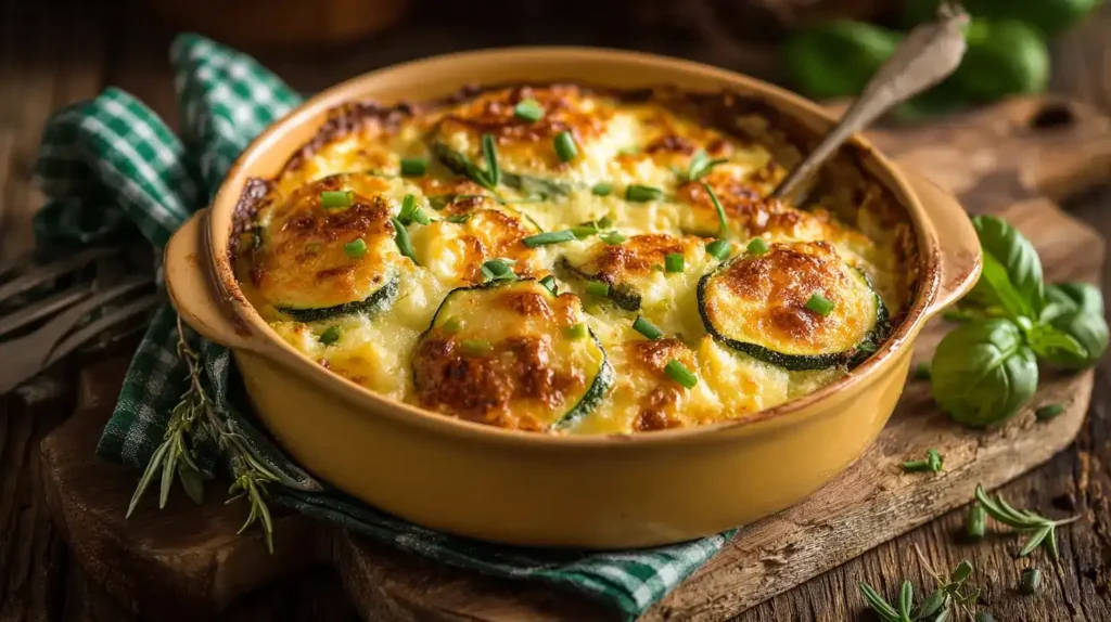Portion Kartoffel-Zucchini-Auflauf serviert auf Teller, cremig und kinderfreundlich