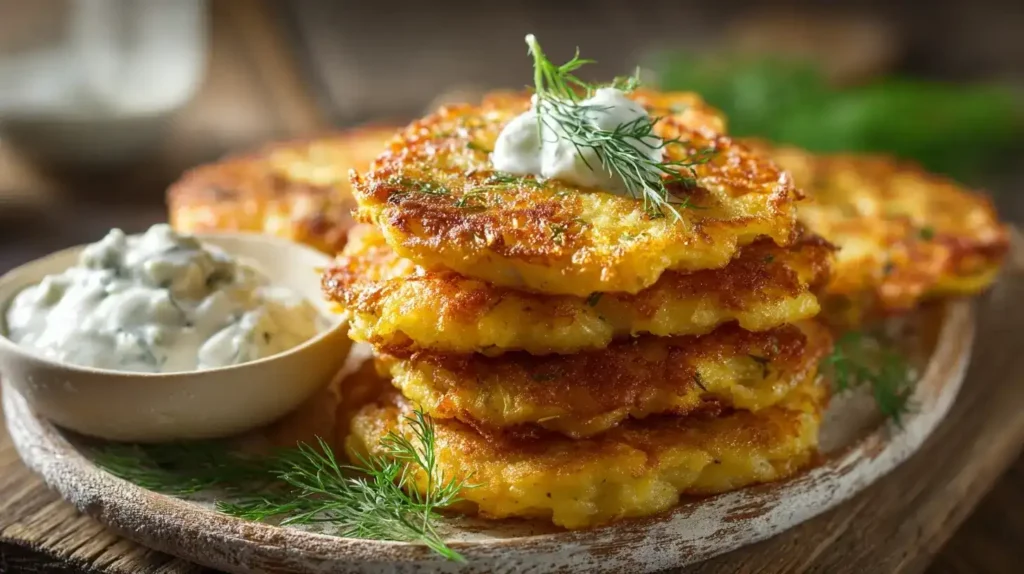 Knusprige Kartoffelpuffer aus Kartoffelbrei auf rustikalem Teller mit frischem Dill