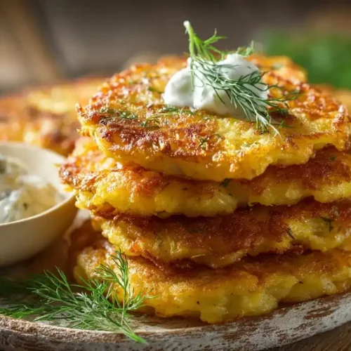 Knusprige Kartoffelpuffer aus Kartoffelbrei auf rustikalem Teller mit frischem Dill