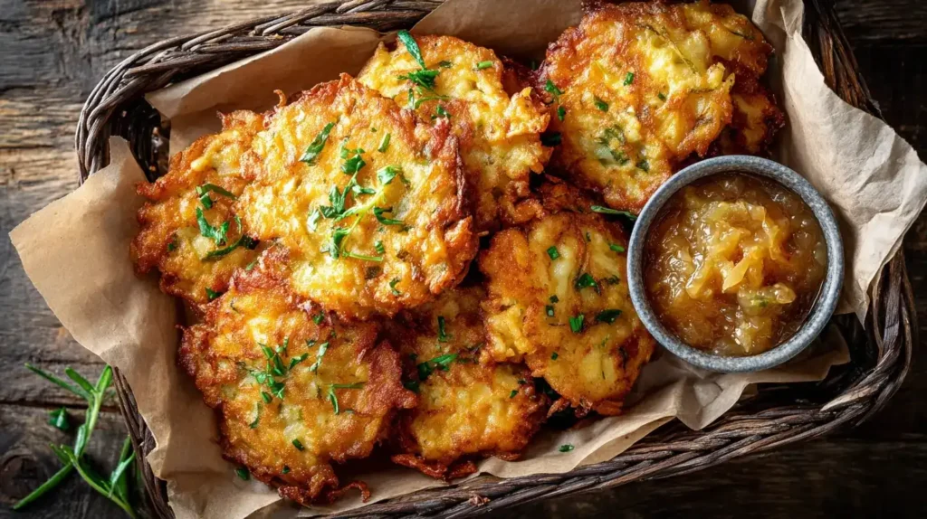 Kartoffelpuffer aus der Heißluftfritteuse Knusprige Kartoffelpuffer aus der Heißluftfritteuse mit Apfelmus auf rustikalem Holztablett