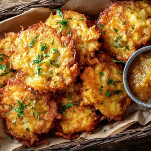 Knusprige Kartoffelpuffer aus der Heißluftfritteuse mit Apfelmus auf rustikalem Holztablett