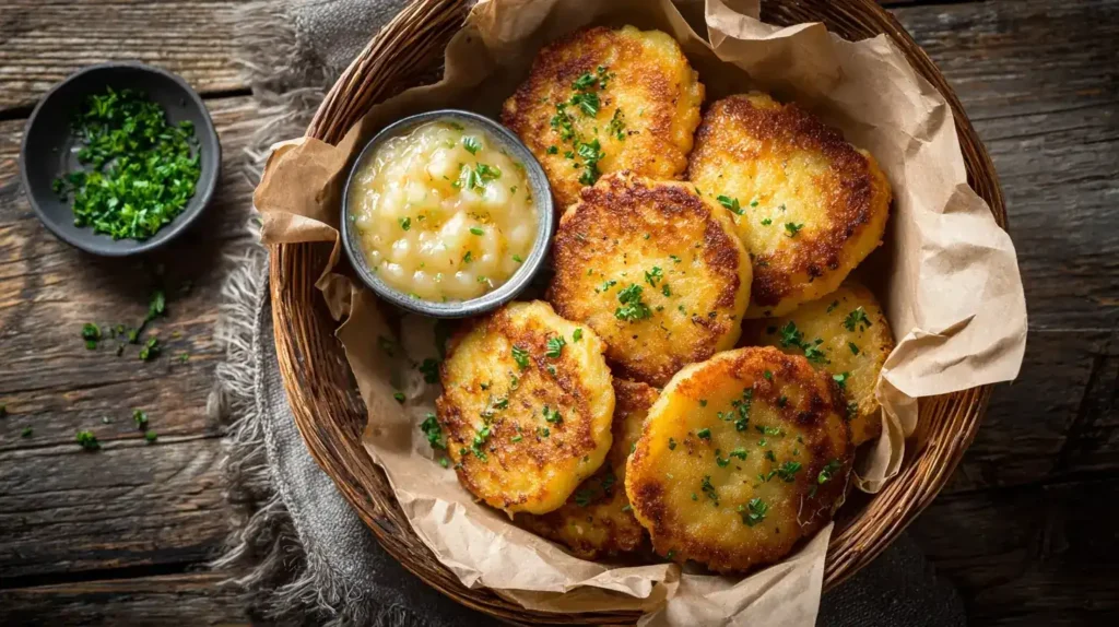 Stapel goldbrauner Kartoffelpuffer aus der Heißluftfritteuse, serviert mit Kräuterquark