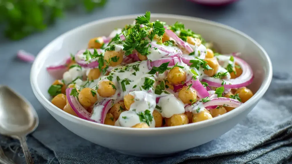 Kichererbsensalat mit Joghurt-Dressing in einer weißen Schüssel
