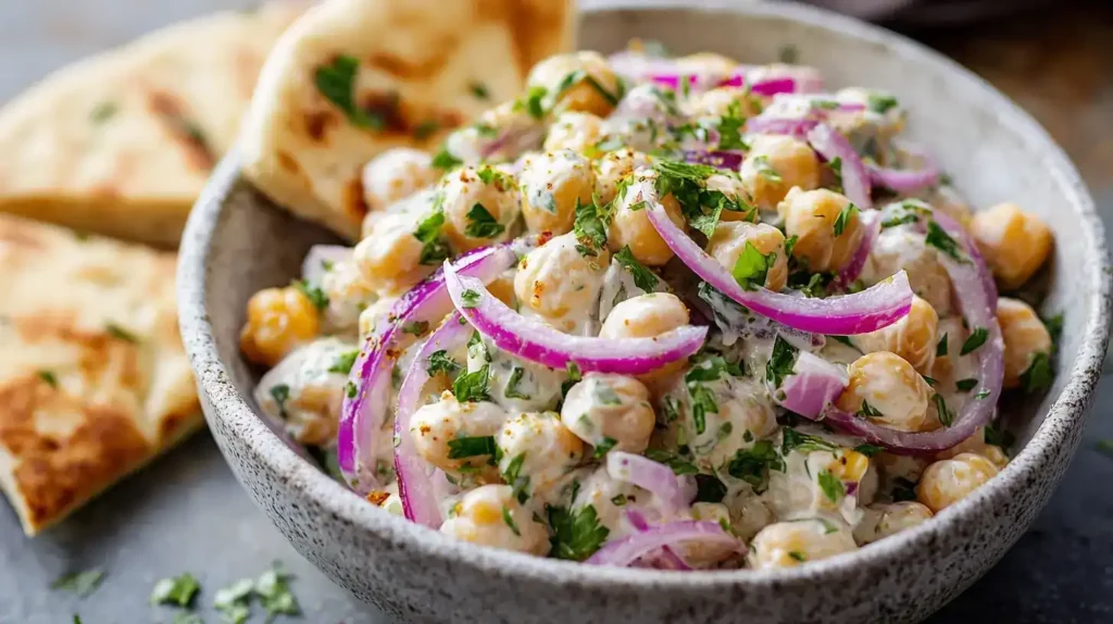 Nahaufnahme von Kichererbsensalat mit cremigem Joghurt-Dressing und Petersilie