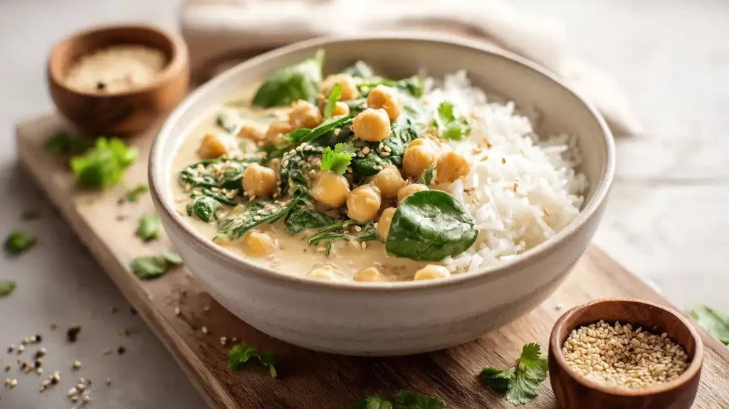 Knoblauch-Kichererbsenpfanne mit cremiger Kokossoße, Spinat und Basmatireis, serviert auf einem Teller