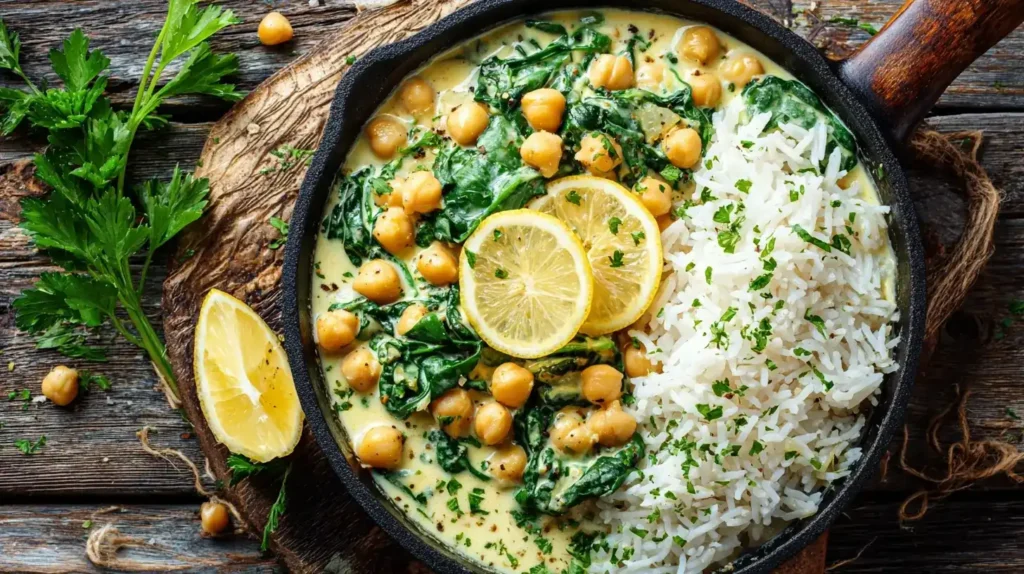 Vegetarische Knoblauch-Kichererbsenpfanne, goldbraun gebratene Kichererbsen mit Spinat und frischer Petersilie