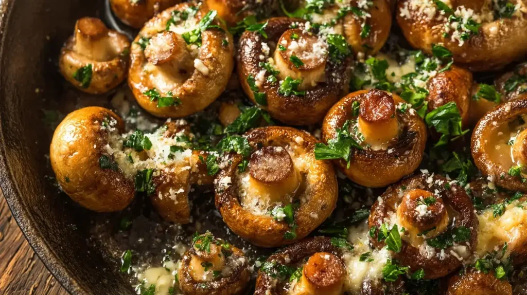 Knoblauch-Parmesan-Pilze goldbraun in einer Pfanne mit frischer Petersilie
