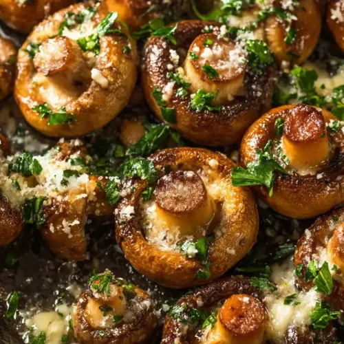 Knoblauch-Parmesan-Pilze goldbraun in einer Pfanne mit frischer Petersilie