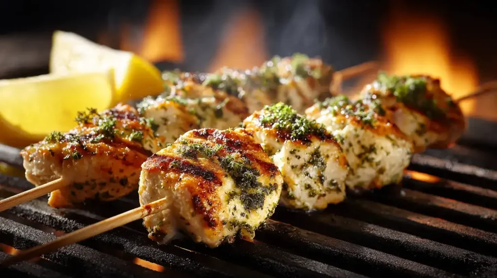 Knoblauch-Parmesan-Spieße auf Grill mit goldbrauner Kruste und frischen Kräutern