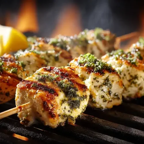 Knoblauch-Parmesan-Spieße auf Grill mit goldbrauner Kruste und frischen Kräutern