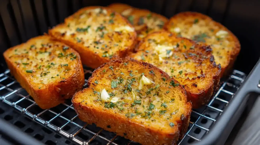 Knuspriges Knoblauchbrot aus dem Airfryer mit geschmolzenem Käse und frischer Petersilie