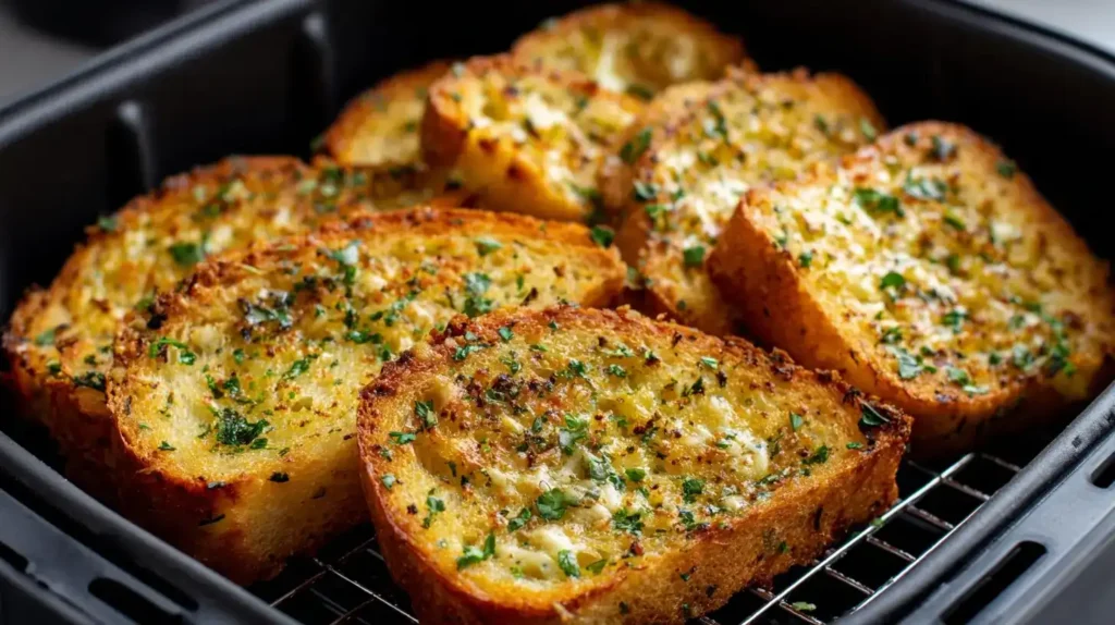 Servierfertiges Knoblauchbrot aus dem Airfryer auf Holzbrett, warm und appetitlich