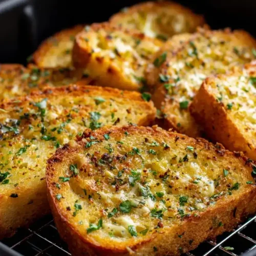 Servierfertiges Knoblauchbrot aus dem Airfryer auf Holzbrett, warm und appetitlich