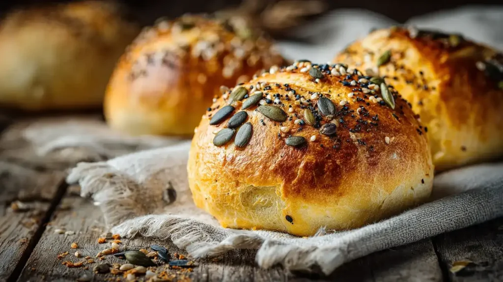 Körnerbrötchen – Gesund, Saftig und Einfach Selbstgemacht Frisch gebackene Körnerbrötchen mit Kürbiskernen, Mohn und Sesam auf einem Holzbrett