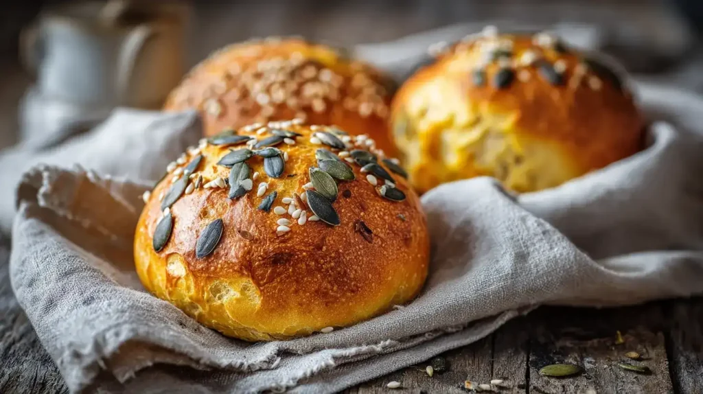 Körnerbrötchen serviert zum Frühstück auf einem rustikalen Brunch-Tisch mit Butter und Marmelade