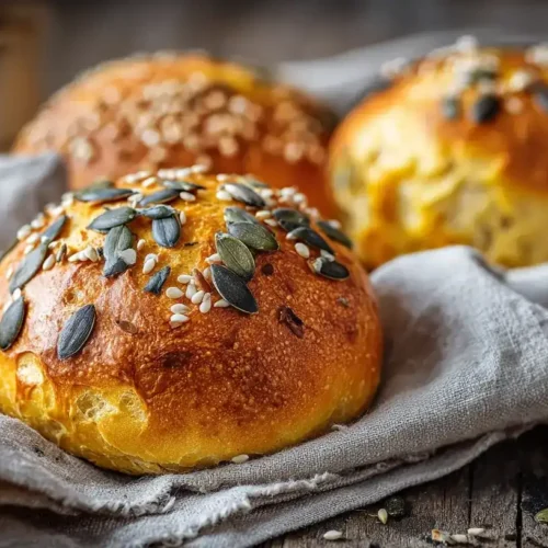 Körnerbrötchen serviert zum Frühstück auf einem rustikalen Brunch-Tisch mit Butter und Marmelade