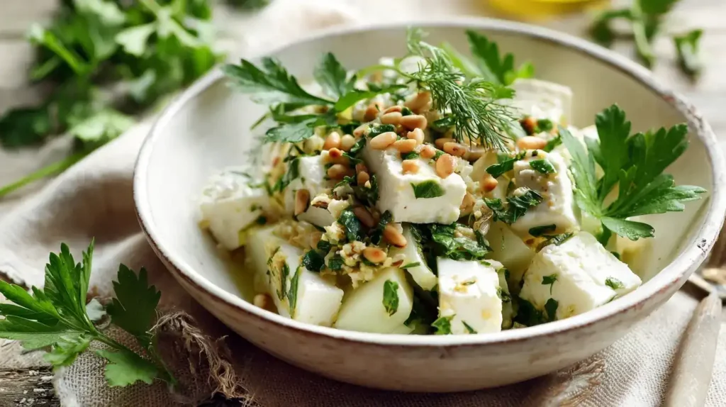 Kohlrabi-Feta-Salat angerichtet als leichte Beilage auf rustikalem Holztisch