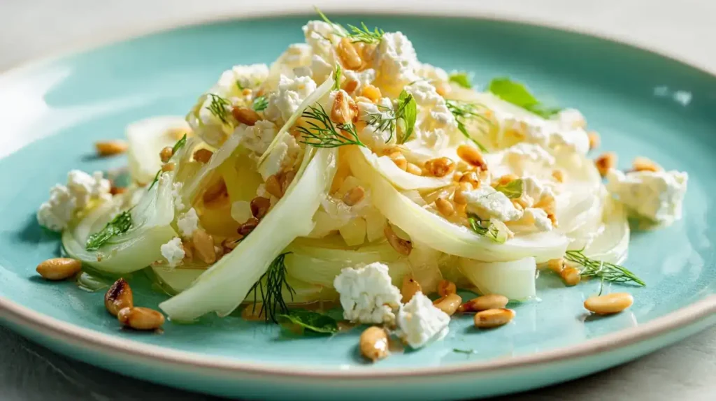 Frischer Kohlrabi-Feta-Salat mit gerösteten Pinienkernen und Petersilie in weißer Schüssel