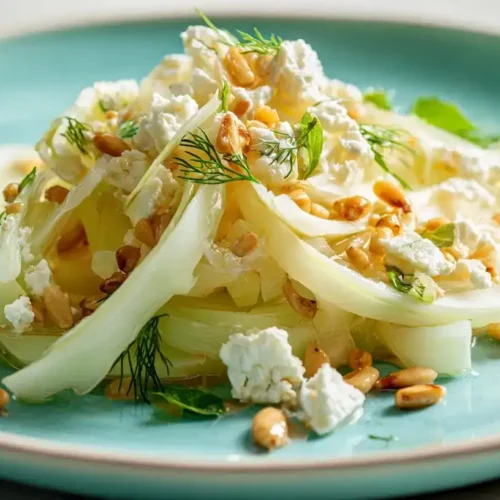 Frischer Kohlrabi-Feta-Salat mit gerösteten Pinienkernen und Petersilie in weißer Schüssel