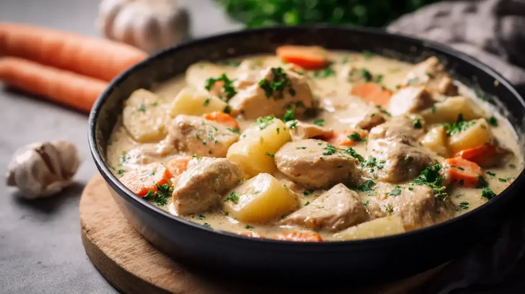 Kohlrabi-Hähnchen-Pfanne Servierte Kohlrabi-Hähnchen-Pfanne mit Petersilie