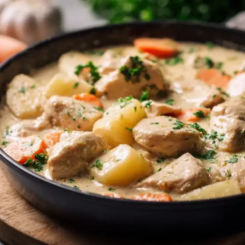 Servierte Kohlrabi-Hähnchen-Pfanne mit Petersilie