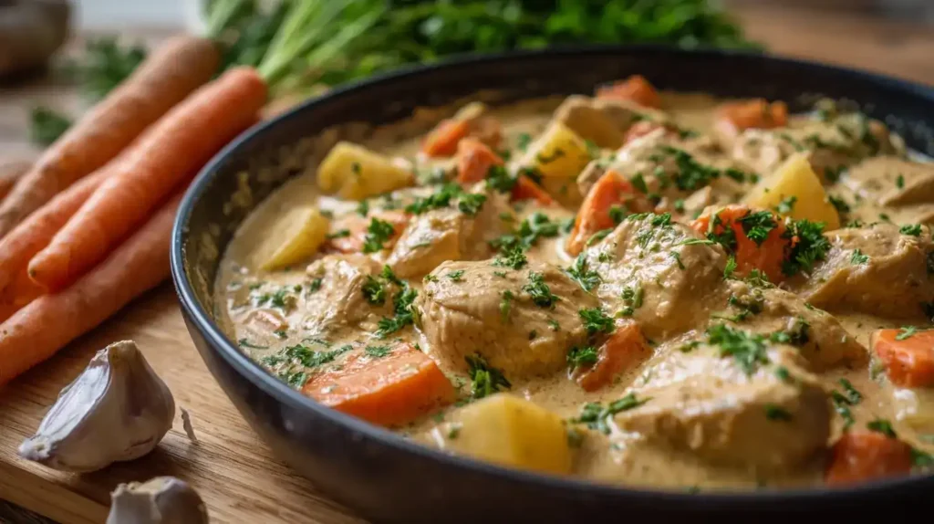 Kohlrabi-Hähnchen-Pfanne cremig mit Gemüse und Sauce