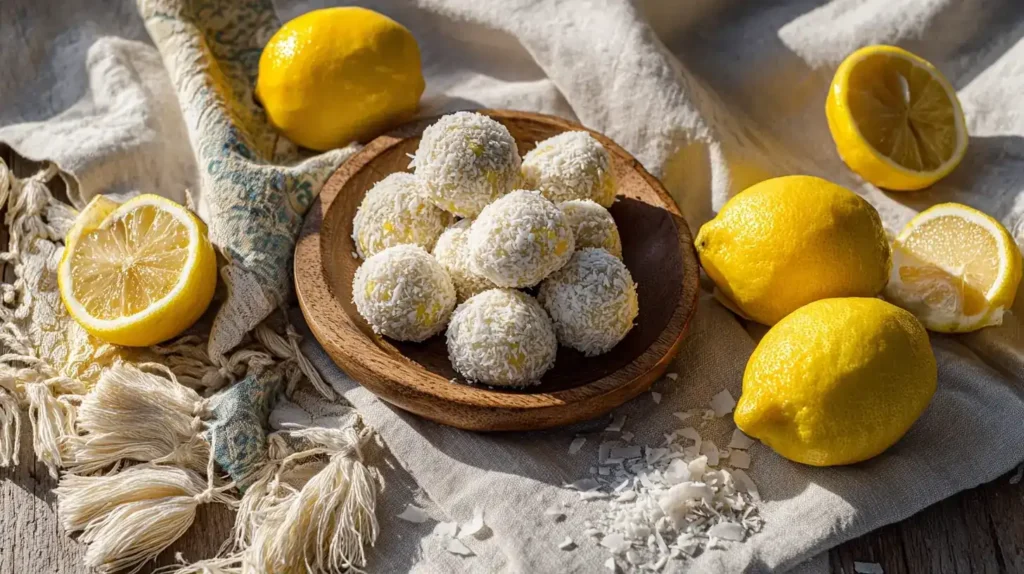 Kokos-Zitronen-Energyballs auf Teller mit Zitronen und Kokosraspeln