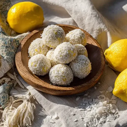 Kokos-Zitronen-Energyballs auf Teller mit Zitronen und Kokosraspeln