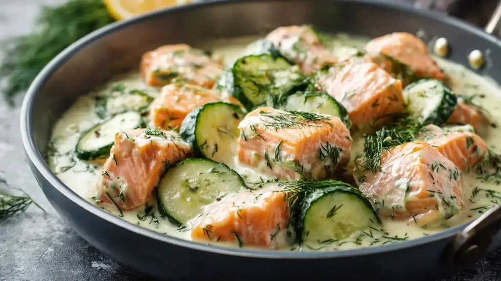 Zart gebratener Lachs in cremiger Schmorgurkenpfanne mit Zitronenscheibe