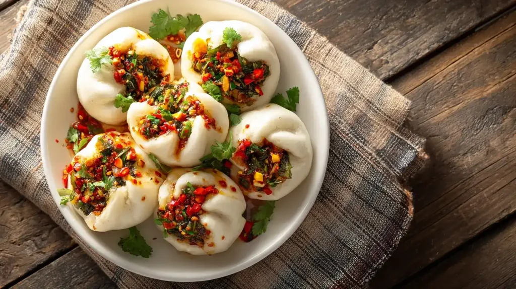 Gedämpfte Lazy Baos mit Gemüse-Tofu-Füllung auf weißem Teller