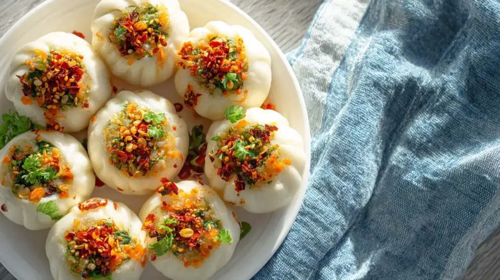 Servierfertige Lazy Baos mit Crispy Chili Öl, frischem Gemüse dekoriert