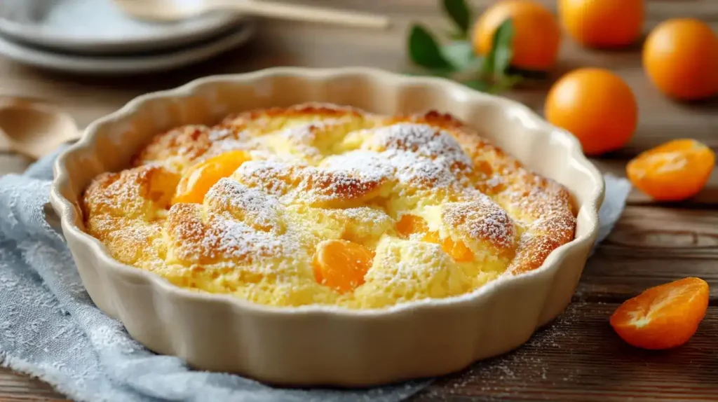 Frisch gebackener Mandarinen-Quarkauflauf in Auflaufform, goldbraun und fluffig