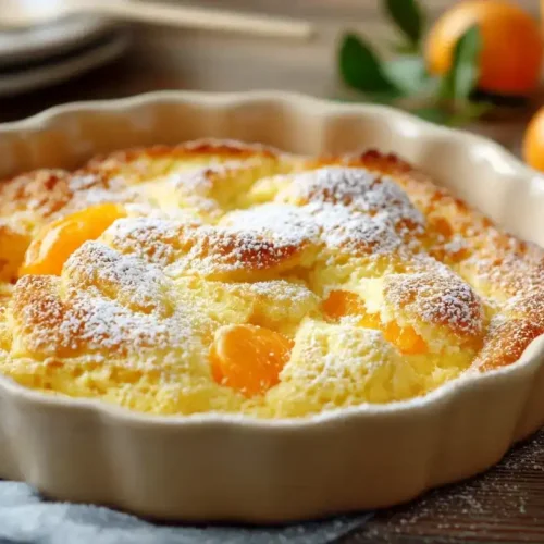 Frisch gebackener Mandarinen-Quarkauflauf in Auflaufform, goldbraun und fluffig
