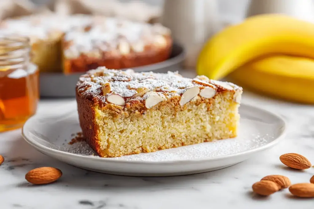 Gebackene Mandelcroissant-Haferflocken mit Mandelblättchen und Puderzucker zum Frühstück
