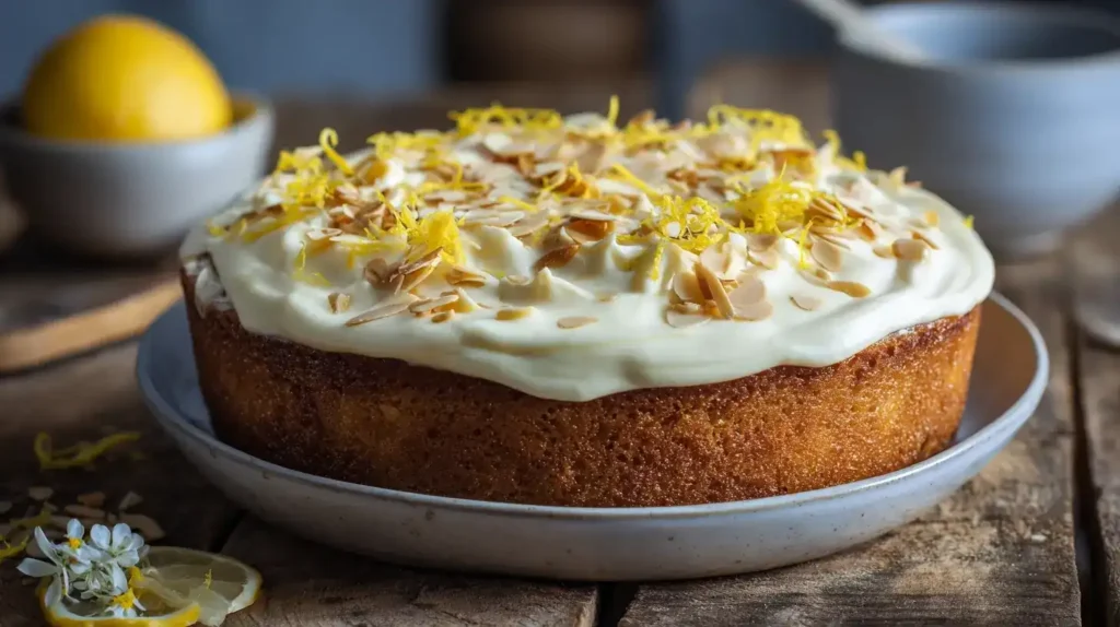 Mandelkuchen mit Zitronen-Mascarpone-Creme von oben fotografiert