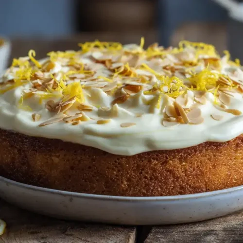 Mandelkuchen mit Zitronen-Mascarpone-Creme von oben fotografiert