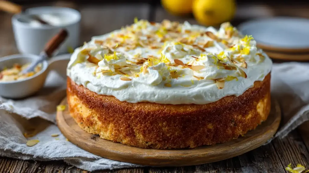 Mandelkuchen mit Zitronen-Mascarpone-Creme im Anschnitt von der Seite