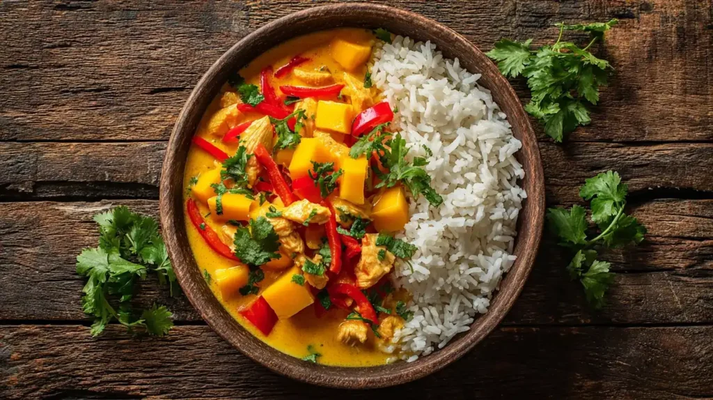 Mango-Hähnchen-Curry mit Kokosmilch, Paprika und frischem Koriander