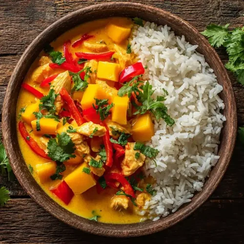 Mango-Hähnchen-Curry mit Kokosmilch, Paprika und frischem Koriander