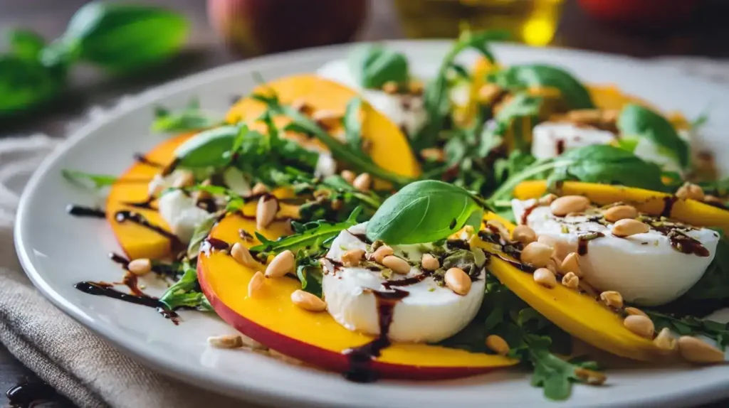Mango-Mozzarella-Caprese Mango-Mozzarella-Caprese mit Rucola und Pinienkernen