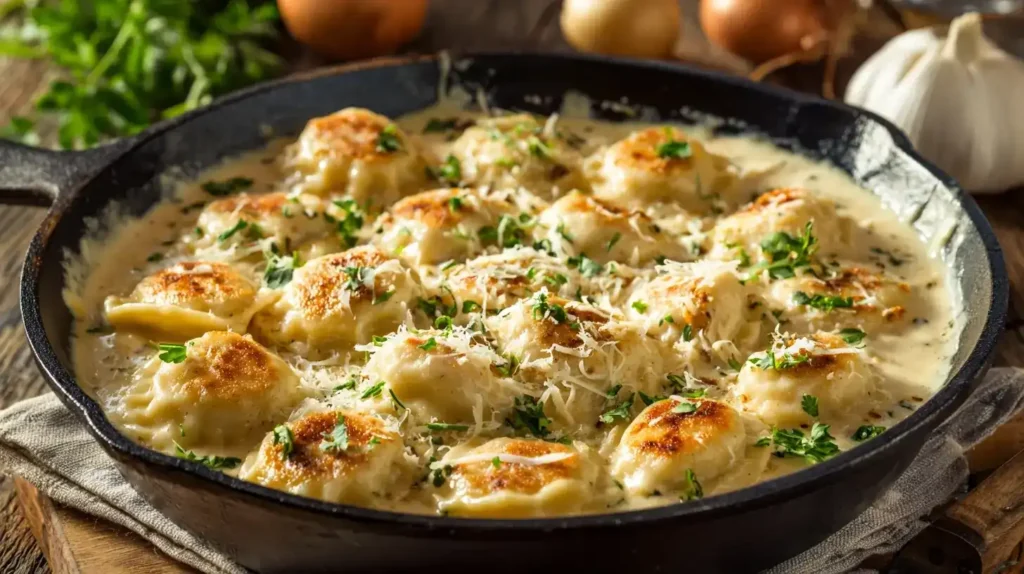 Maultaschenpfanne mit Käse-Sahne-Soße cremig serviert