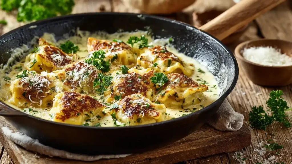 Cremige Maultaschenpfanne mit Käse-Sahne-Soße und Petersilie