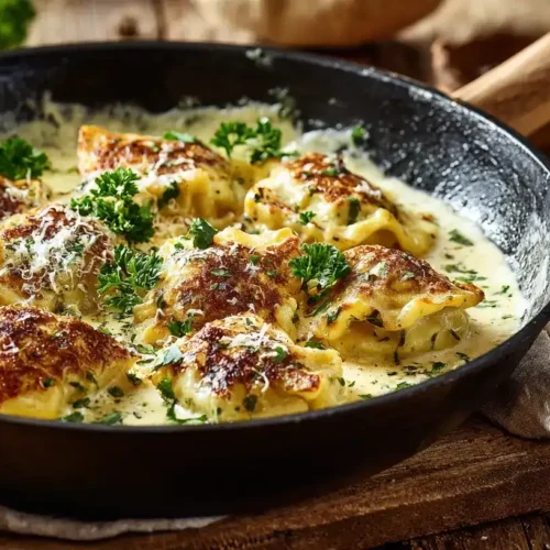 Cremige Maultaschenpfanne mit Käse-Sahne-Soße und Petersilie