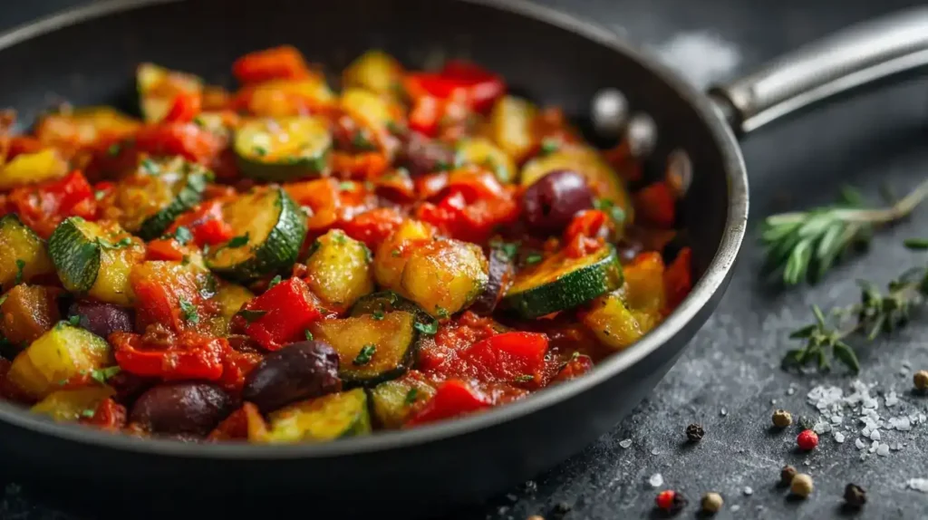 Mediterrane Zucchinipfanne serviert mit Baguette