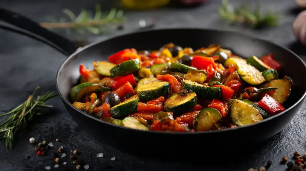 Mediterrane Zucchinipfanne in Pfanne mit Tomaten und Oliven