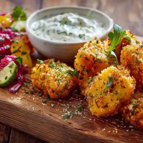 Möhren-Nuggets mit cremigem Joghurt-Schnittlauch-Dip auf Teller