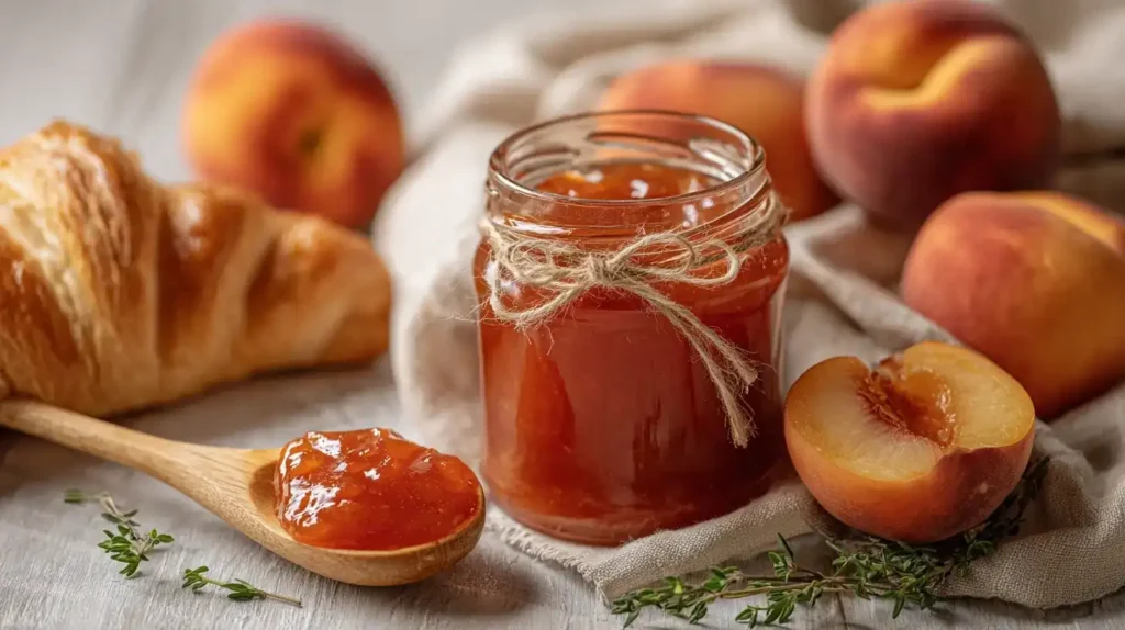 Frische Nektarinen und Thymianzweig neben selbstgemachter Marmelade