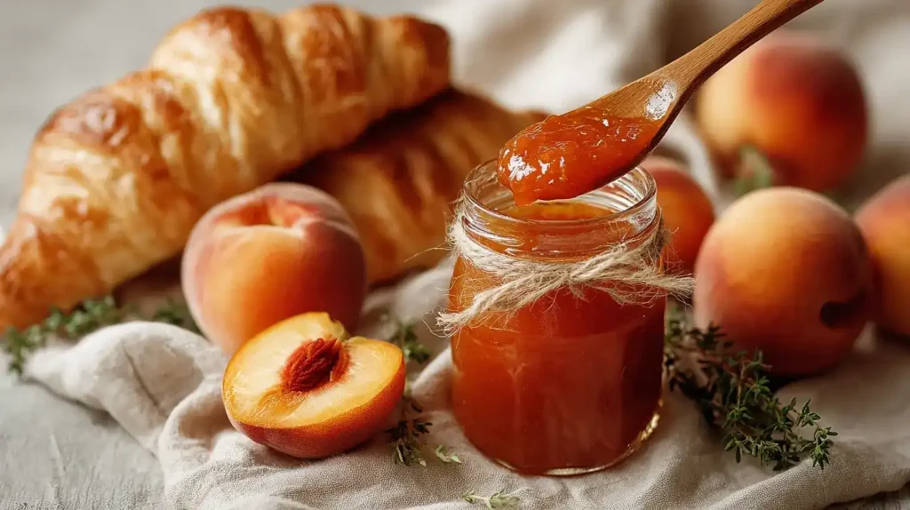 Glas Nektarinen-Thymian-Marmelade auf Holztisch mit frischem Thymian