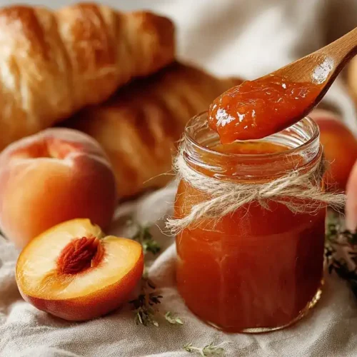 Glas Nektarinen-Thymian-Marmelade auf Holztisch mit frischem Thymian