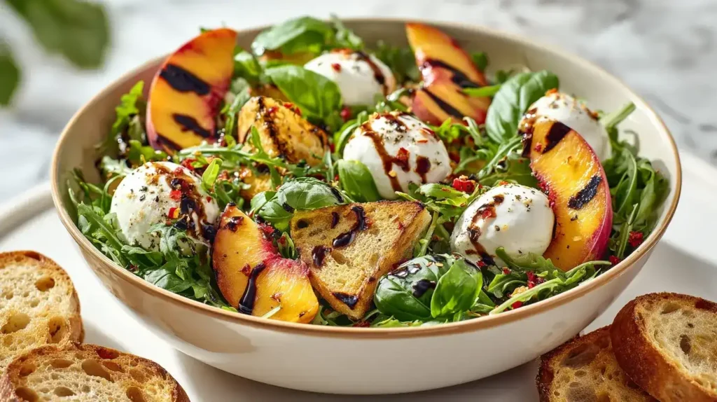 Nektarinensalat mit Burrata, gegrillte Nektarinen und knuspriges Ciabatta